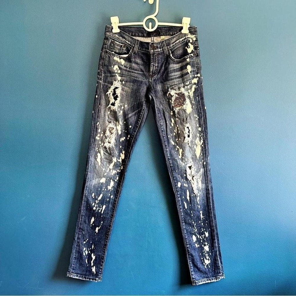 Y2K Bebe Low Rise‎ Skinny Jeans Women's Size 26 Denim Distressed Fishnet Sequin